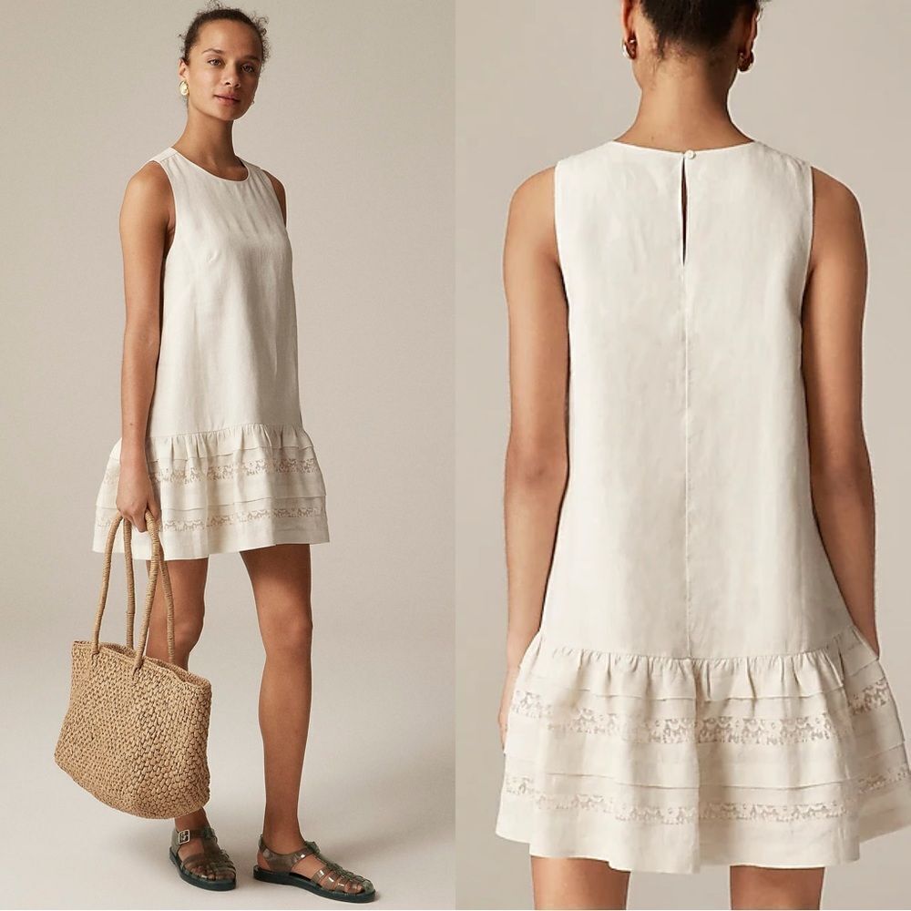 NWT J CREW TALL Maxine ruffle-trim dress in linen in Natural
